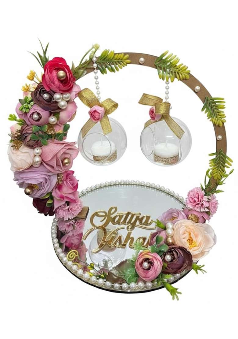 Mridang Multicolour Engagement Ring Platter with Acrylic Name of Groom and Bride - Indya