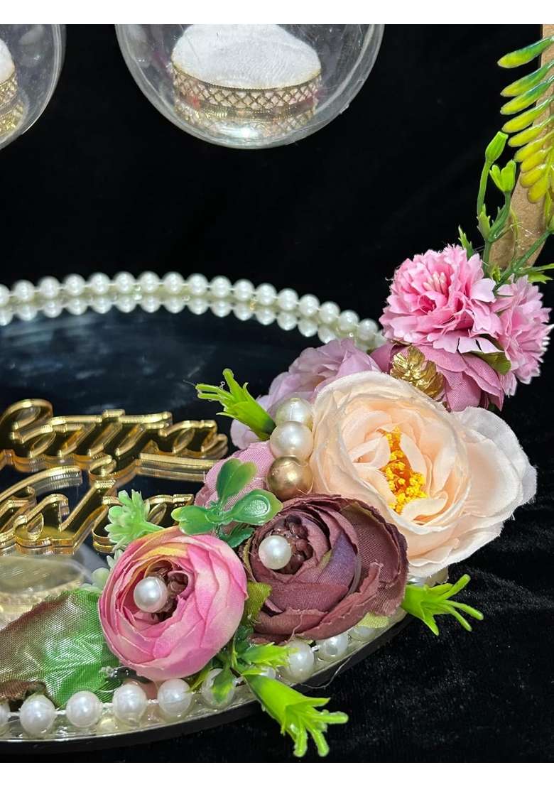 Mridang Multicolour Engagement Ring Platter with Acrylic Name of Groom and Bride - Indya