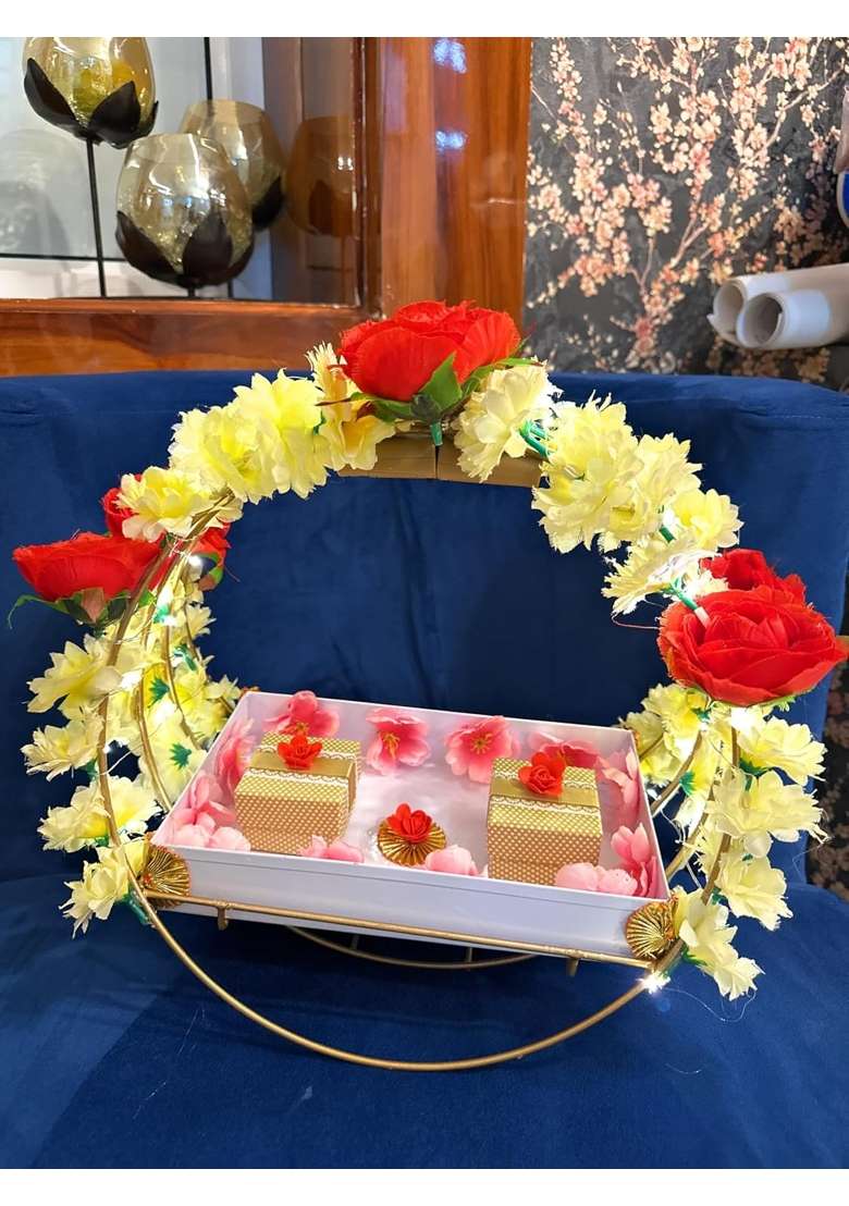 Agaas Enterprises Designer Metale Engagement Ring Platter with 2Ring Box Tray for Ring Ceremony Gift - Indya