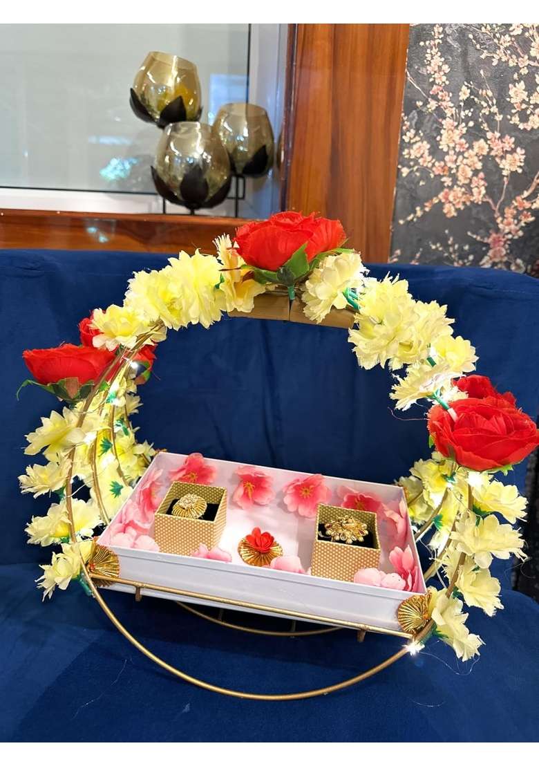 Agaas Enterprises Designer Metale Engagement Ring Platter with 2Ring Box Tray for Ring Ceremony Gift - Indya