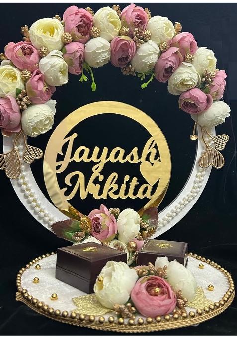 Mridang Designer Pink and White Floral Theme with White Base Ring Platter for Ring Ceremony Customizable Name