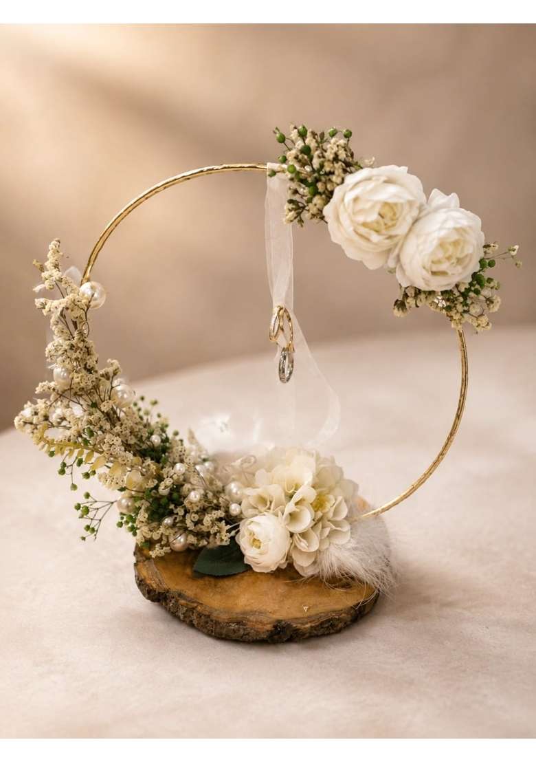 Handmade Wedding Ring Platter with Gold Hoop and Floral Decor - Indya
