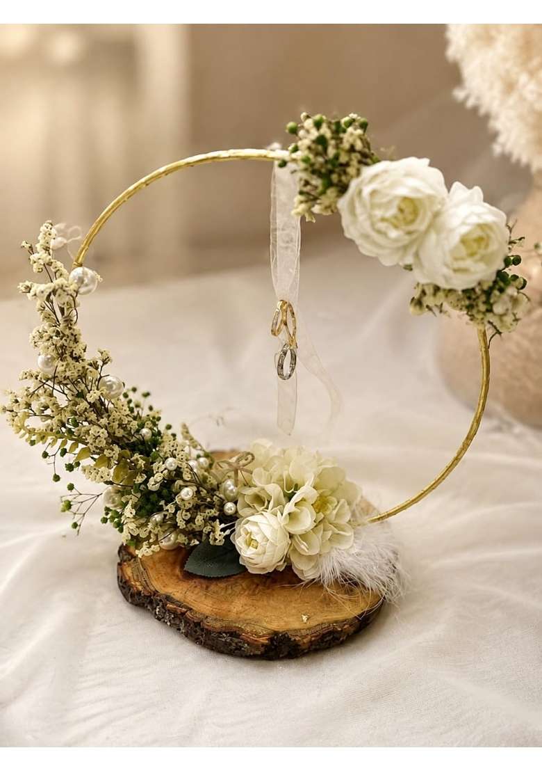 Handmade Wedding Ring Platter with Gold Hoop and Floral Decor - Indya