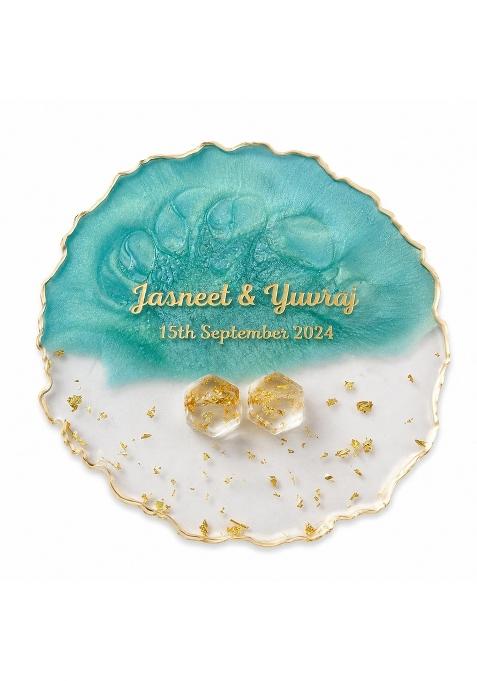 Aanchqala Blue Personalized Resin Ring Platter for Engagement Ceremony Custom Name and Date Ring Holder Tray