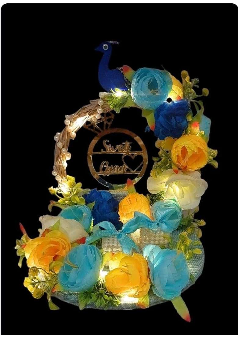 Giftsbouquet Blue Peacock Theme Platter for Engagement and Wedding Decorative Tray for Rings - Indya