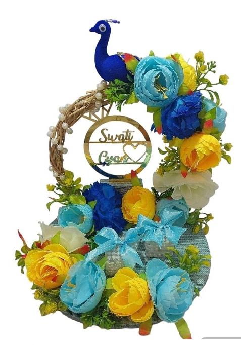 Giftsbouquet Blue Peacock Theme Platter for Engagement and Wedding Decorative Tray for Rings