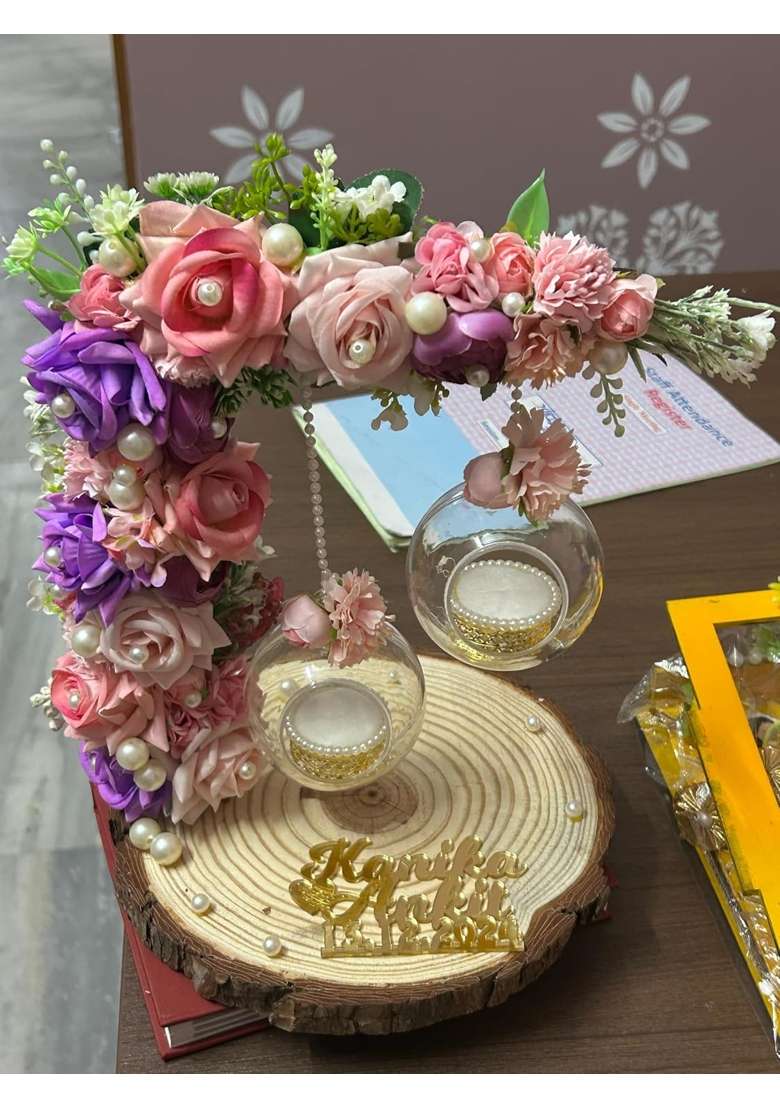 Mridang L Shape Platter Multicolor Floral MDF Acrylic Rectangular 10x10x8 Inches Handmade - Indya