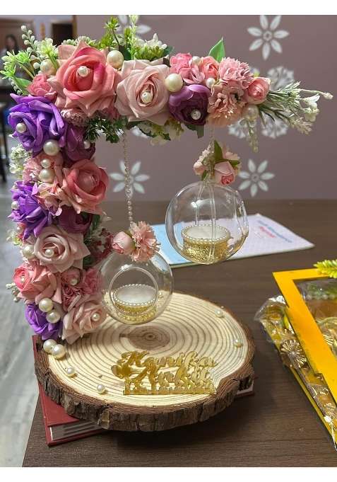 Mridang L Shape Platter Multicolor Floral MDF Acrylic Rectangular 10x10x8 Inches Handmade
