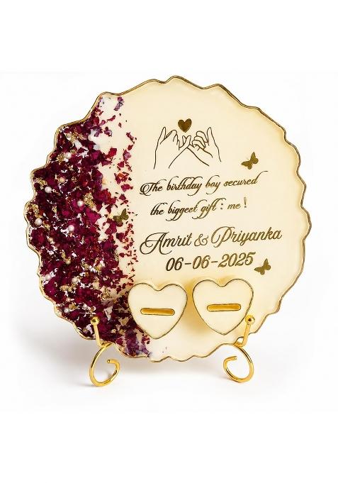 Penman Decor Customised Resin Engagement Ring Platter 8 Inch Preserved Rose Keepsake with Double Heart Ring