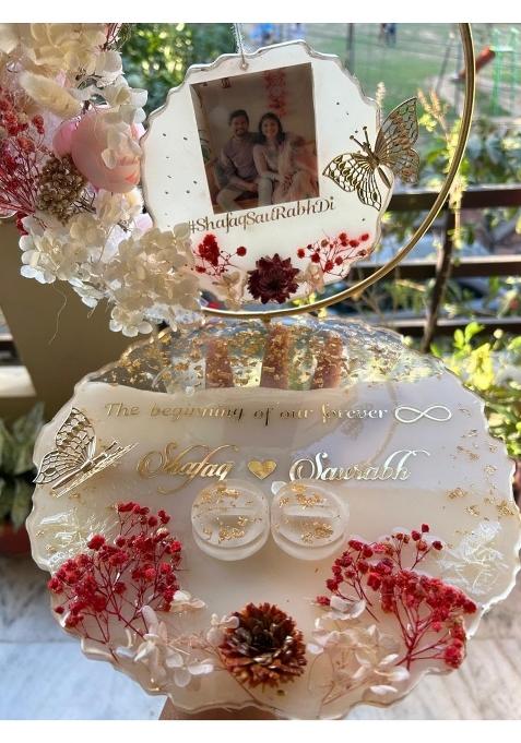 Custom White Shyama Craft 10 Inch Handmade and Customizable Resin Engagement Double Platter with Real Dried