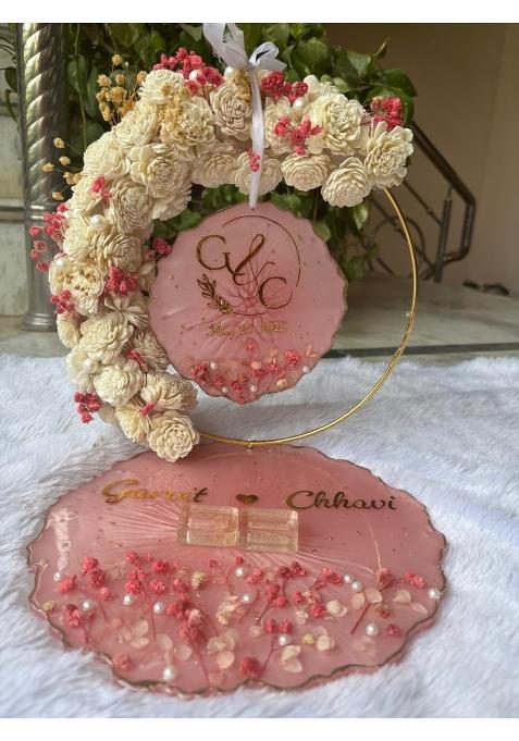 Shyama Craft Pink 10 Inch Resin Engagement Ring Platter with Detachable Ring Holder