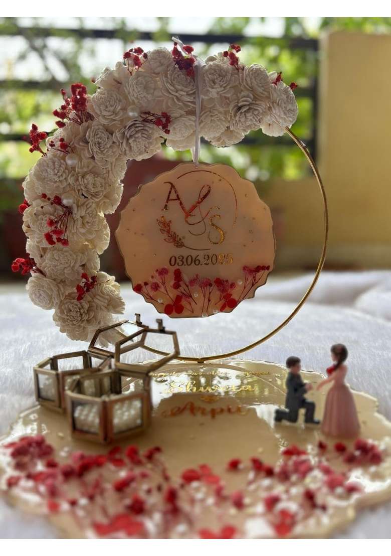 Shyama Craft Ivory 10 Inch Resin Engagement Ring Platter with Vintage Ring Box and Couple Miniature - Indya