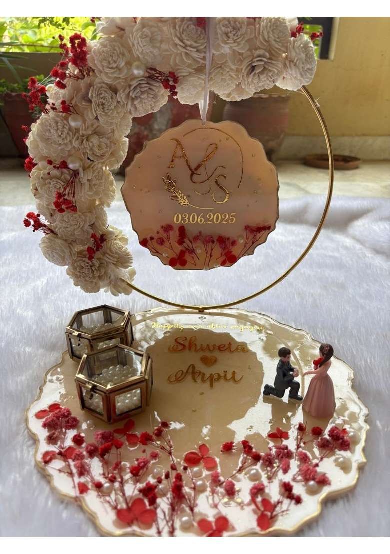 Shyama Craft Ivory 10 Inch Resin Engagement Ring Platter with Vintage Ring Box and Couple Miniature - Indya