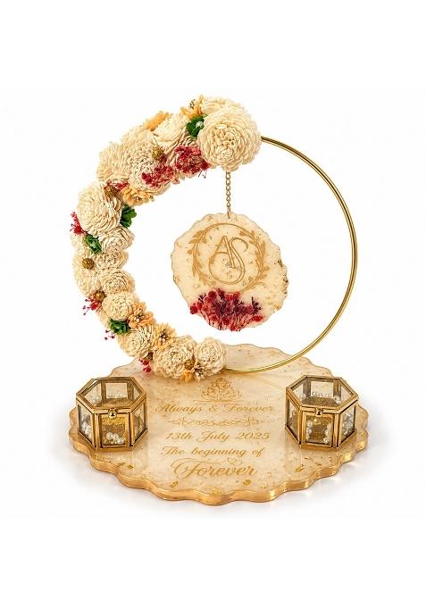Aanchqala Blue Personalized Resin Engagement Ring Platter with Floral Hoop Stand