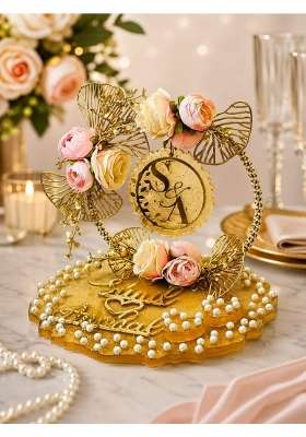 Giftsbouquet Multicolour Elegant Resin Ring Platter for Ring Ceremony Decorative Tray with Artificial Flowers