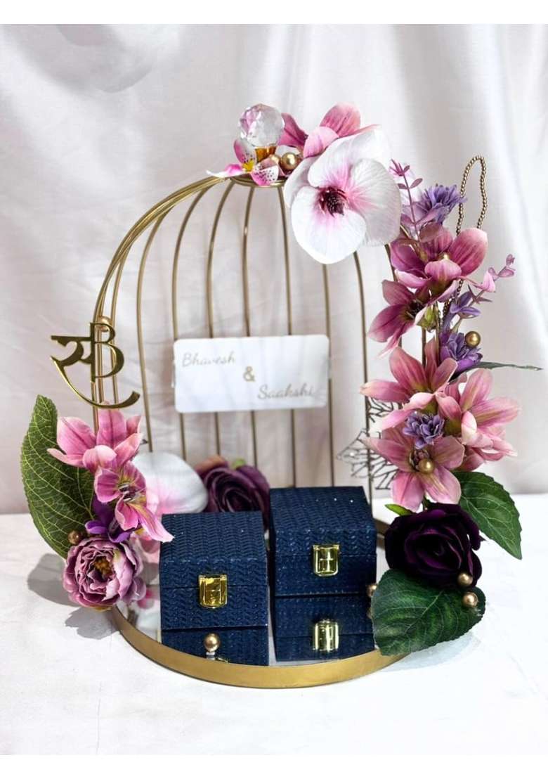 WRAP Arts Gold Cage Engagement Ring Platter with Pink Purple Flowers Navy Velvet Ring Box - Indya