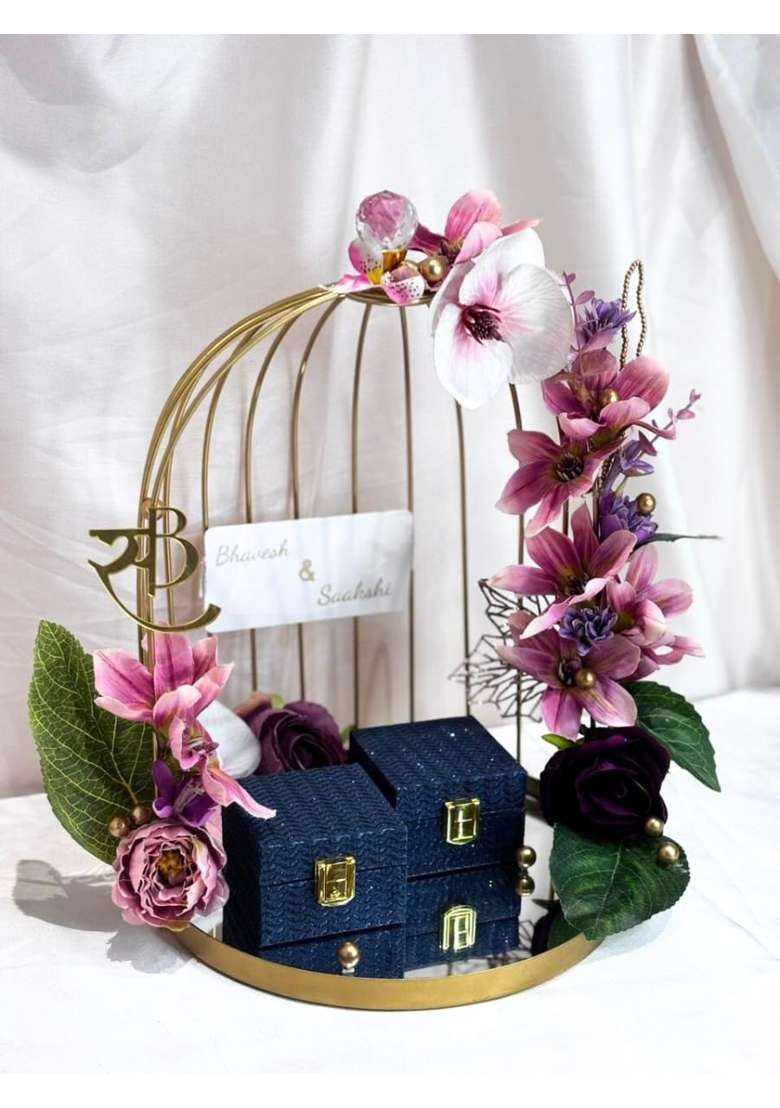 WRAP Arts Gold Cage Engagement Ring Platter with Pink Purple Flowers Navy Velvet Ring Box - Indya