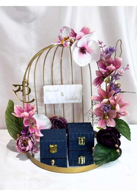 WRAP Arts Gold Cage Engagement Ring Platter with Pink Purple Flowers Navy Velvet Ring Box