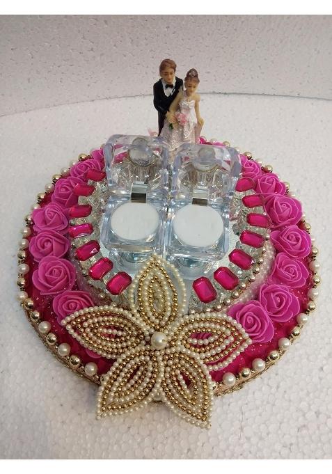 J Tushar Pink and White Crystal Platter with 2 Ring Holders Ceremony Thali