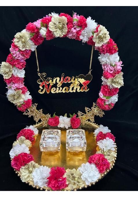 Mridang Designer Pink White Floral Theme with White Base Ring Platter for Ring Ceremony Customizable Name