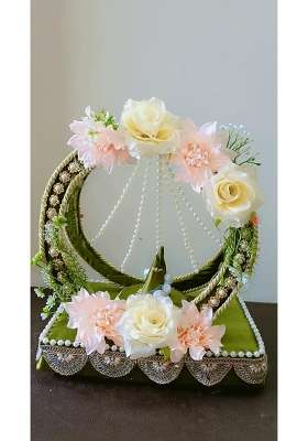 Handcrafted Floral Ring Ceremony Platter Green Velvet and Pearl Decor