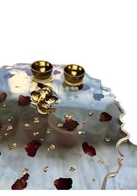 Resin Pooja Thali with Rose Petals and Golden Flakes Ring Platter for Engagement and Rakhi Transparent
