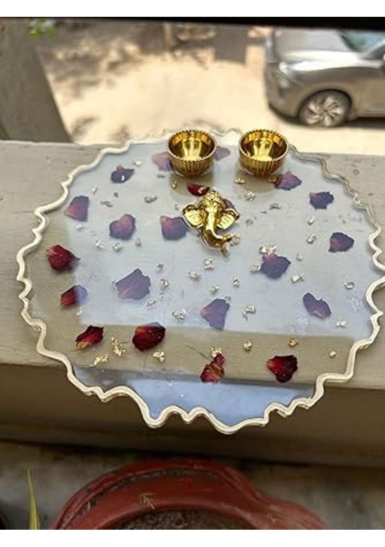 Resin Pooja Thali with Rose Petals and Golden Flakes Ring Platter for Engagement and Rakhi Transparent - Indya