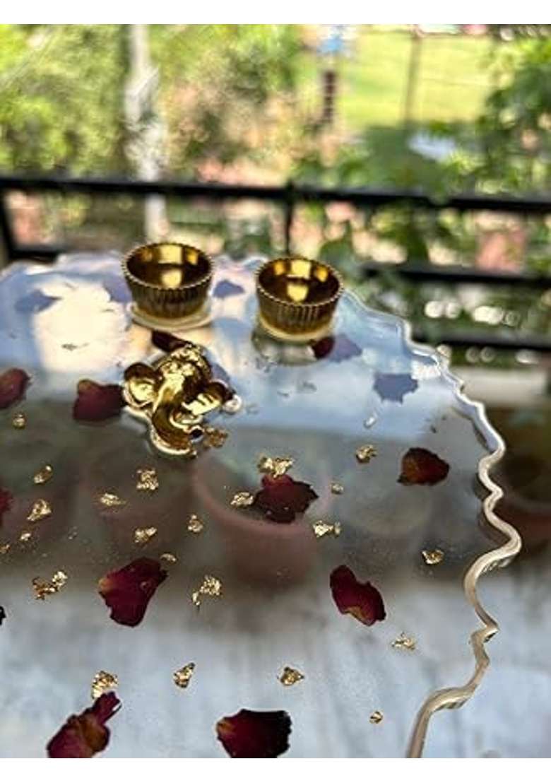 Resin Pooja Thali with Rose Petals and Golden Flakes Ring Platter for Engagement and Rakhi Transparent - Indya