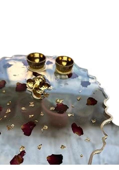 Resin Pooja Thali with Rose Petals and Golden Flakes Ring Platter for Engagement and Rakhi Transparent