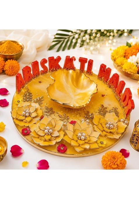 Penman Decor 11 Inch Resin Haldi Platter with Attached Bowl Yellow