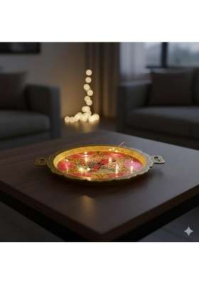 Natriel Kashmiri Papier Mache Round Tray with Floral Design Gold and Silver 21 Point 2x17 Point 7 Inches