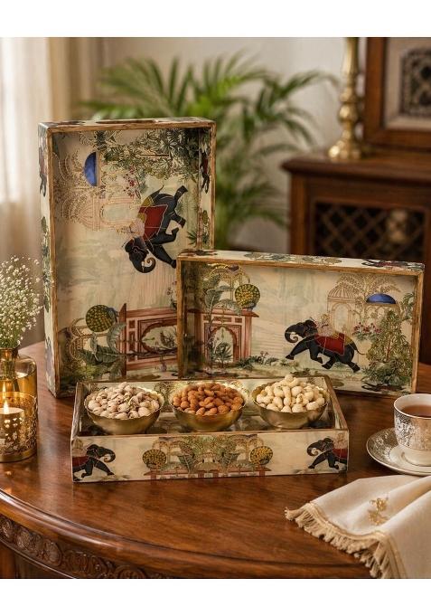 Epichunt Wooden Serving Tray with Gold Engraving Tray Set for Serving Set of 3