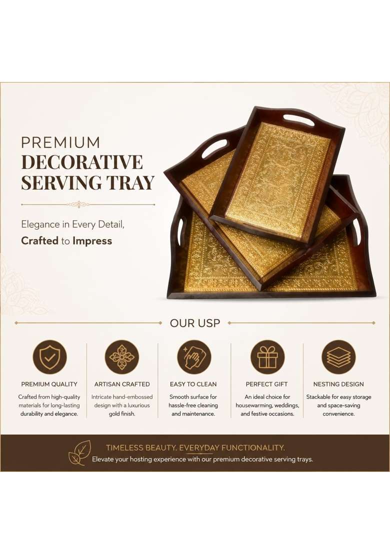 Crafted Wonders Wooden Handle Serving Tray Hand Made Brass Decorative Serving Tray with Brass Set of 3 - Indya
