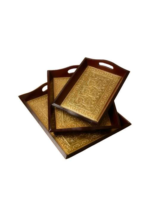 Crafted Wonders Wooden Handle Serving Tray Hand Made Brass Decorative Serving Tray with Brass Set of 3