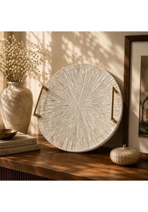 Dharithri Handcrafted Mother of Pearl Round Serving Tray with Gold Handles