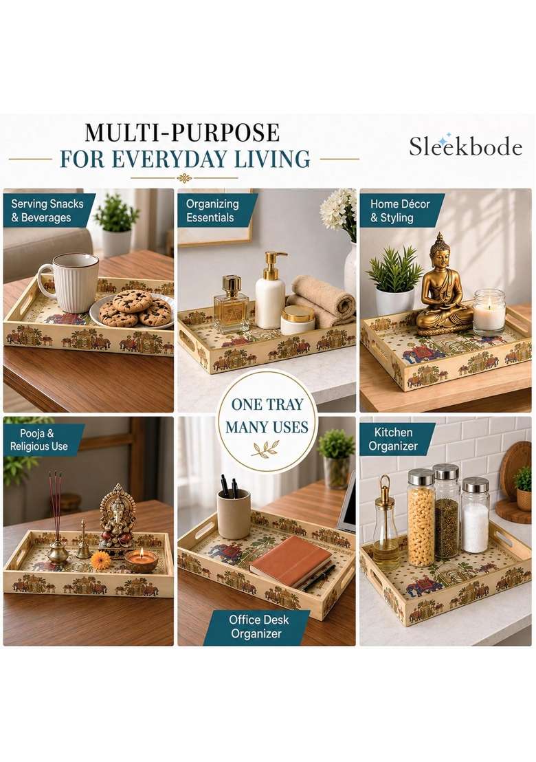 Sleekbode Wooden Serving Tray Enamel Coated Waterproof Rectangular Trays with Gold Engraving Set of 3 - Indya