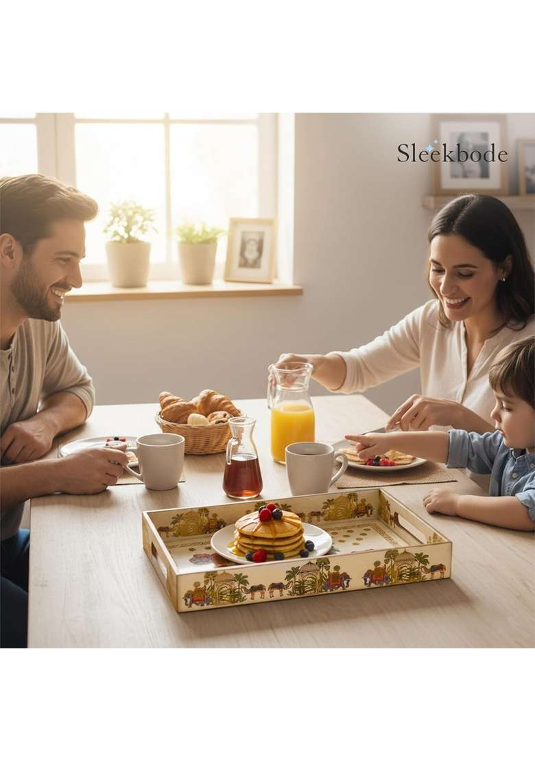 Sleekbode Wooden Serving Tray Enamel Coated Waterproof Rectangular Trays with Gold Engraving Set of 3 - Indya