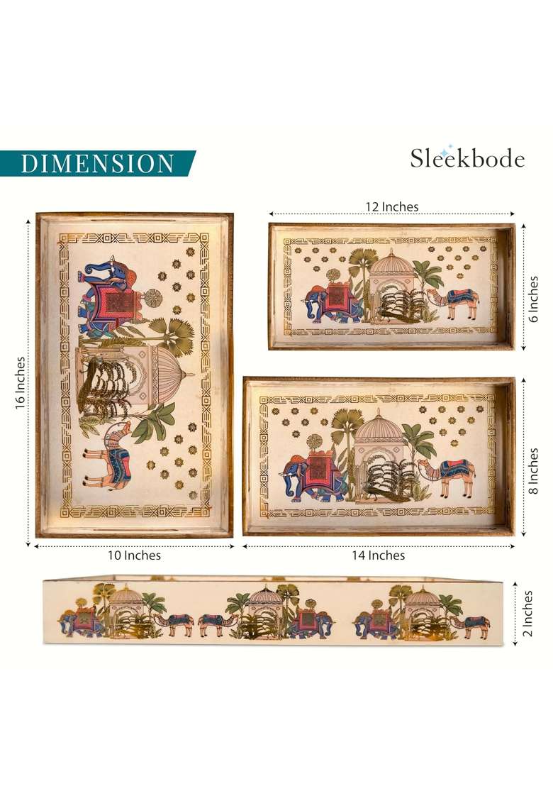 Sleekbode Wooden Serving Tray Enamel Coated Waterproof Rectangular Trays with Gold Engraving Set of 3 - Indya