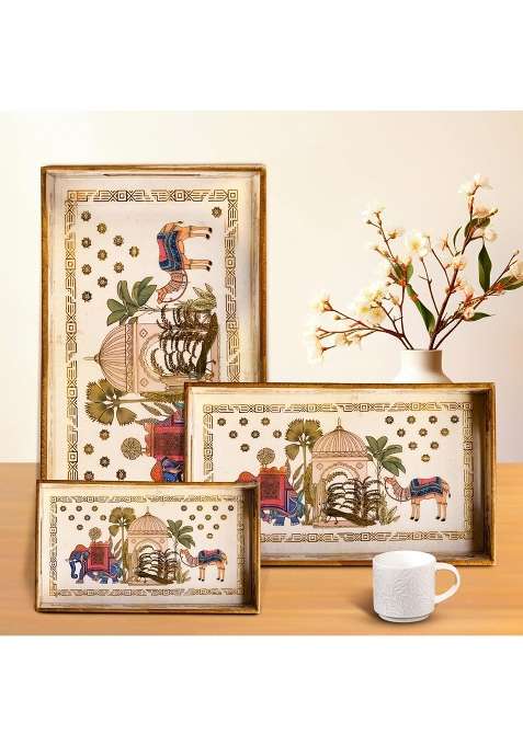 Sleekbode Wooden Serving Tray Enamel Coated Waterproof Rectangular Trays with Gold Engraving Set of 3