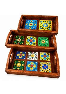 Sheesham Wood Serving Tray with Blue Pottery Rectangular Wooden Table Organizer for Dining Table Pack of 3