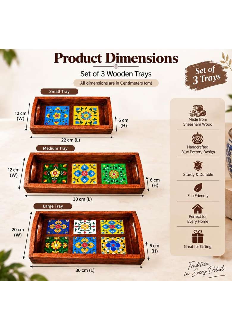 Sheesham Wood Serving Tray with Blue Pottery Rectangular Wooden Table Organizer for Dining Table Pack of 3 - Indya