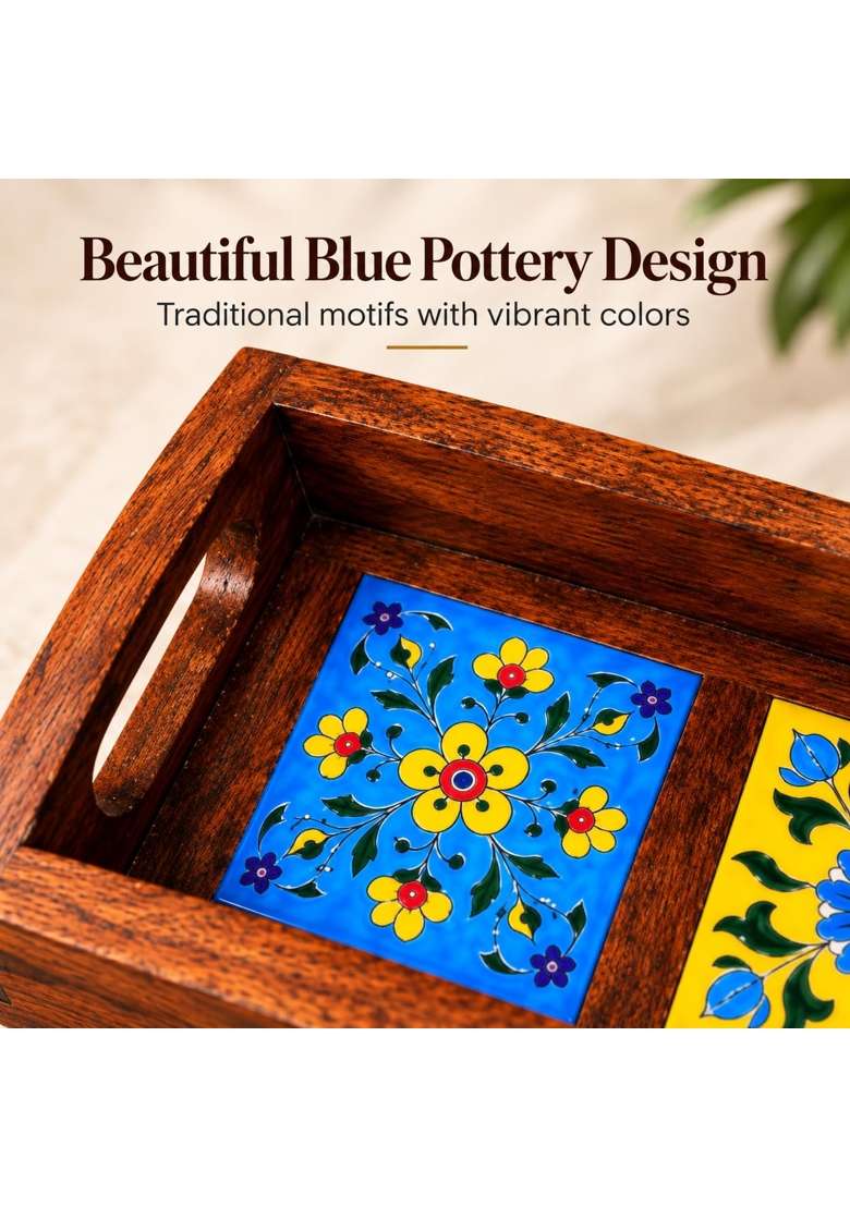 Sheesham Wood Serving Tray with Blue Pottery Rectangular Wooden Table Organizer for Dining Table Pack of 3 - Indya
