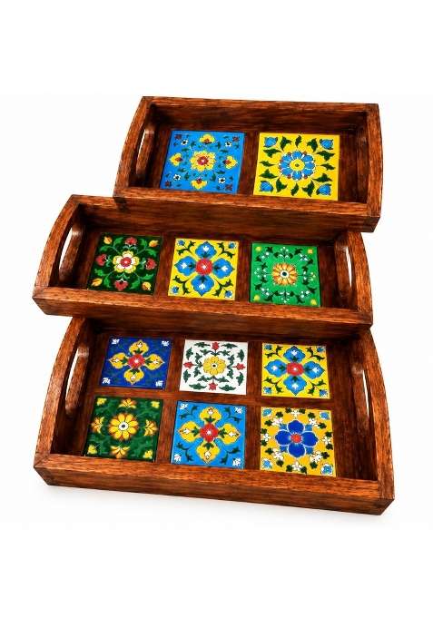 Sheesham Wood Serving Tray with Blue Pottery Rectangular Wooden Table Organizer for Dining Table Pack of 3
