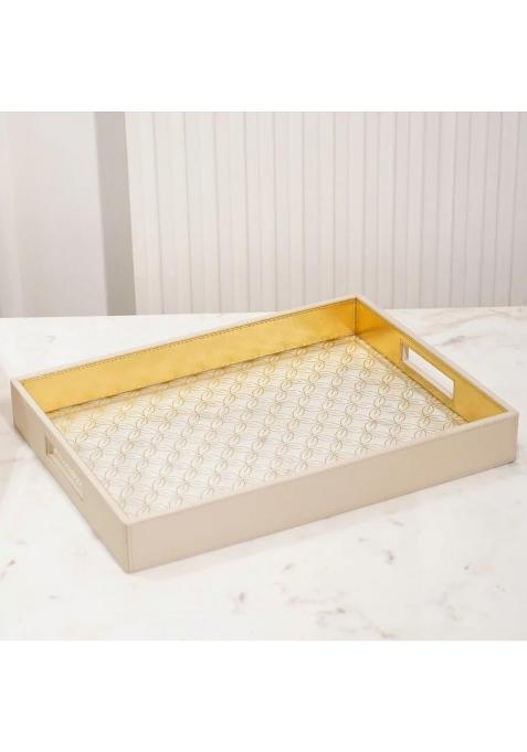 Rcasa Beige Luxury Decorative Serving Tray with Geometric Pattern Premium Leatherette for Coffee Table Dining