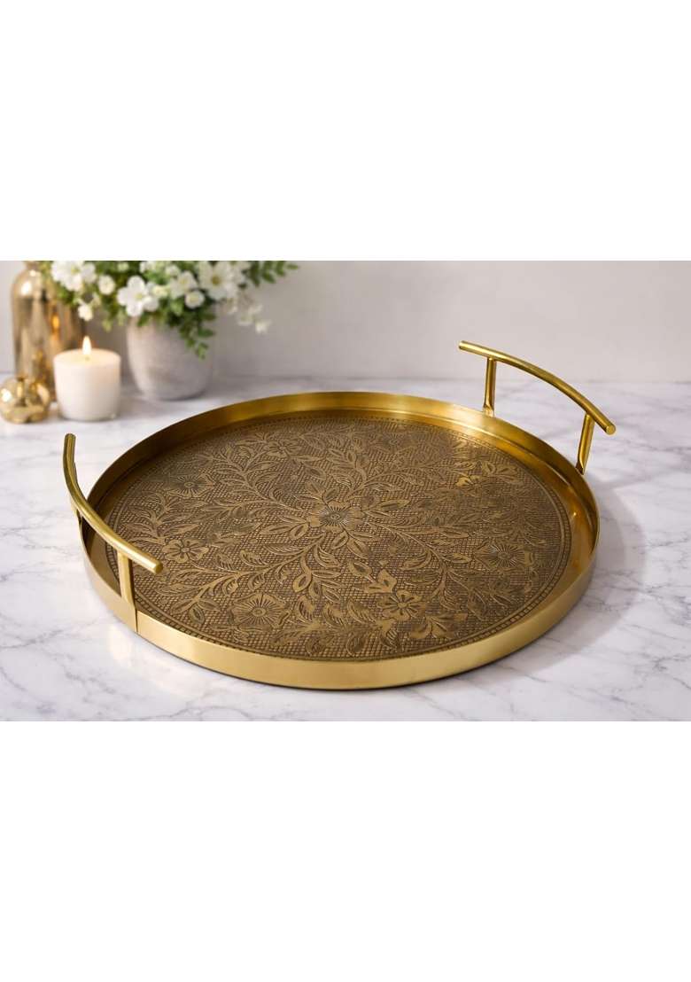 GRD International Premium Stainless Steel Round Serving and Decorative Tray with Gold Finish Handles - Indya