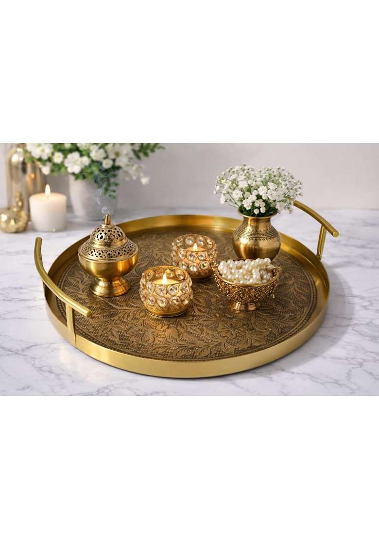 GRD International Premium Stainless Steel Round Serving and Decorative Tray with Gold Finish Handles - Indya