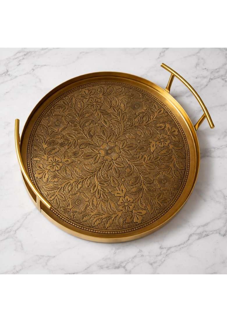 GRD International Premium Stainless Steel Round Serving and Decorative Tray with Gold Finish Handles - Indya