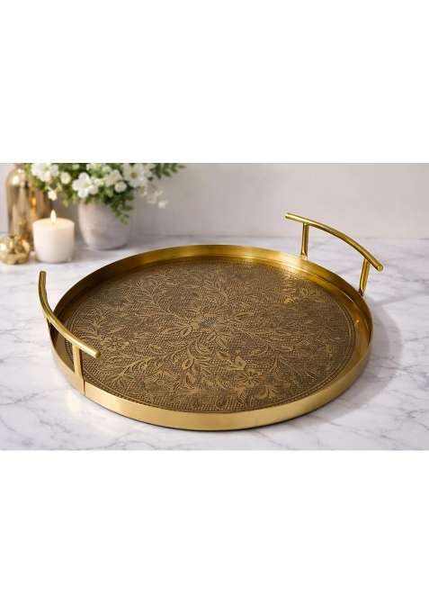 GRD International Premium Stainless Steel Round Serving and Decorative Tray with Gold Finish Handles
