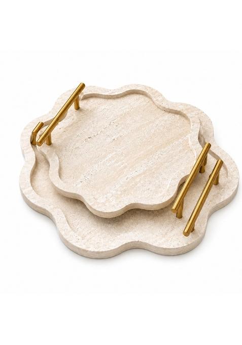 Coslifestore Stone Serving Marble Stone Tray with Gold Handles Set of 2