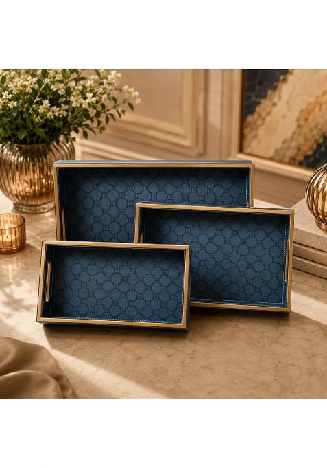 Amimashop Blue Leather Serving Tray with Handles Decorative Wooden Serving Tray Set for Tea Set of 3